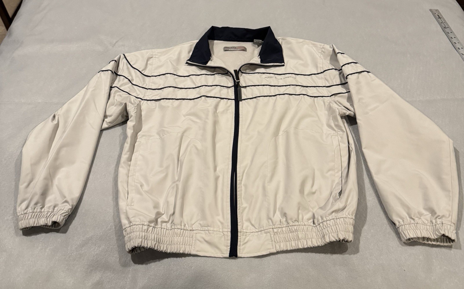 Perry Ellis America Men’s Beige Navy Track Jacket Full-Zip Polyester Size L