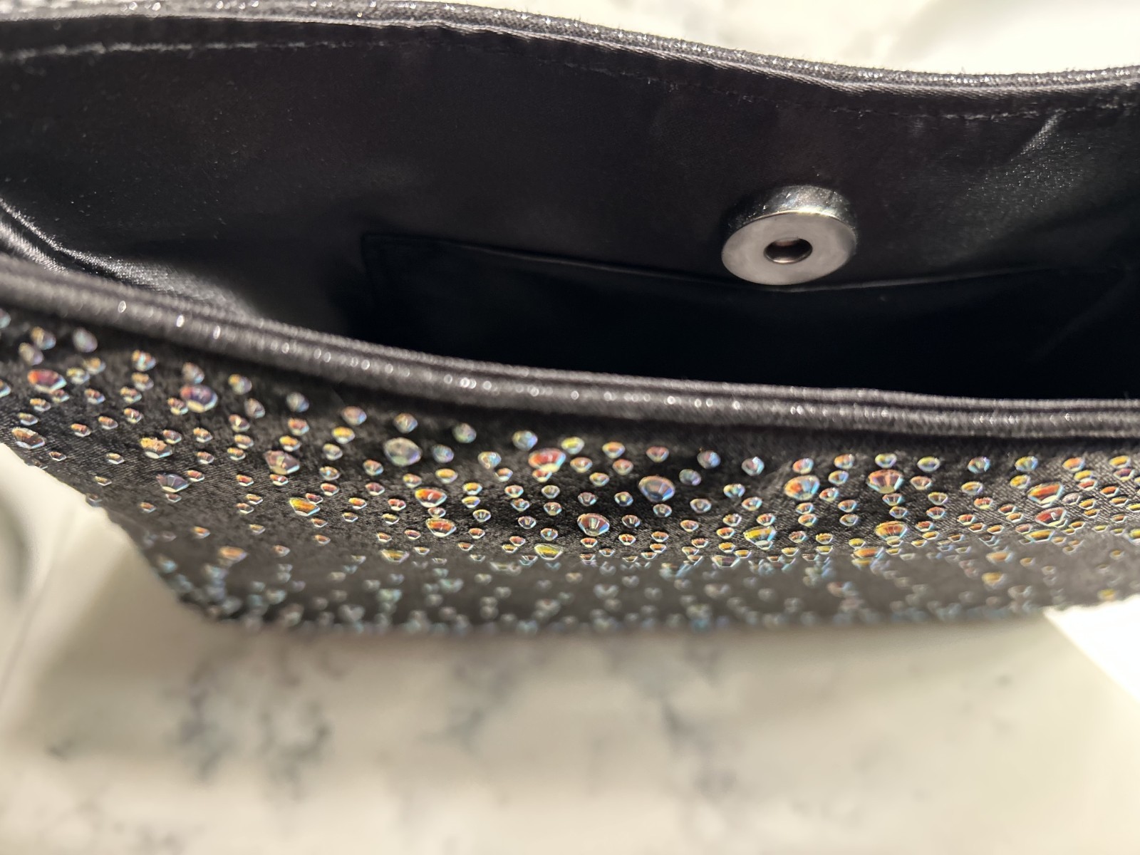 Ladies’ evening bag/purse. Black studded w/crystal beads. 9” x 5.5” plus…