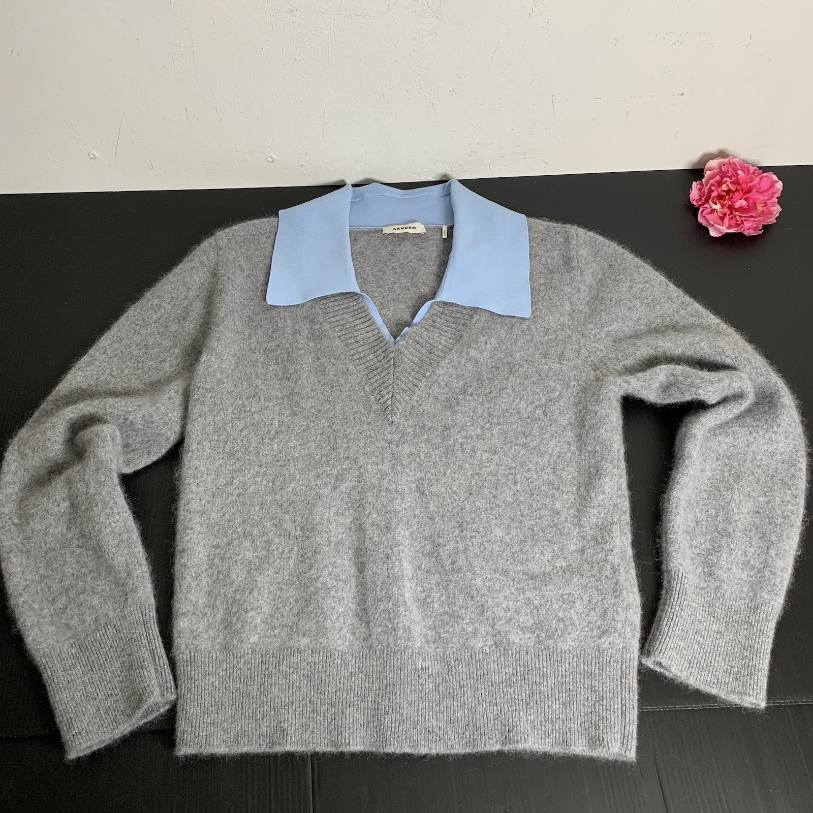Sandro – Collared Wool Blend Sweater – Gray Blue – Size: 3