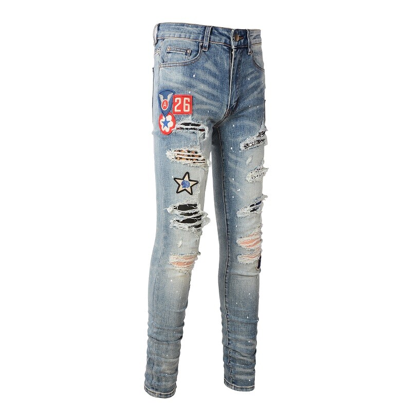 Men’s Vintage Distressed Stretch Denim Skinny Jeans with Patches and Studs