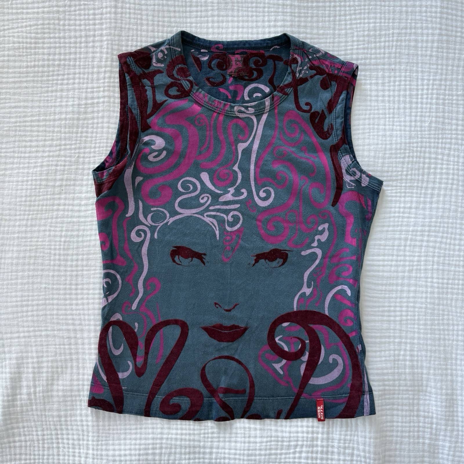 Miss Sixty Graphic Tank Top Y2K Teal Blue Pink Face Print Velvet Devore Small