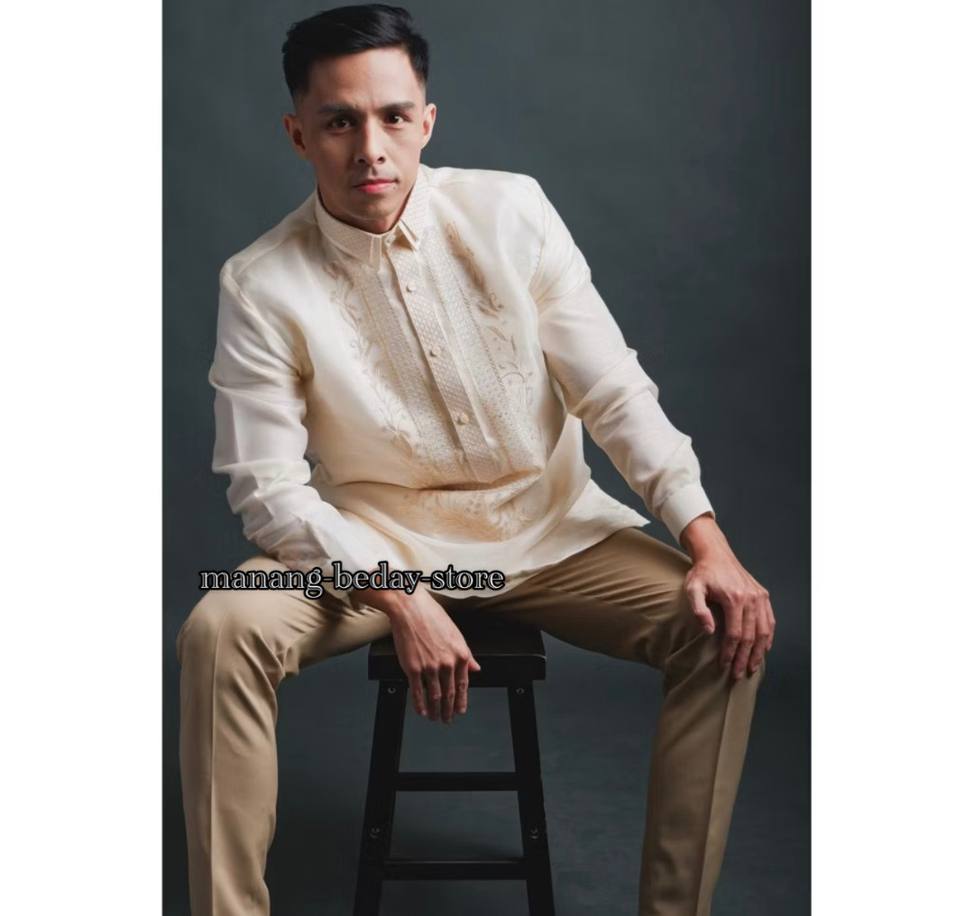 Barong Tagalog for Men Pina Organza w/ Lining Centinnial Design Beige Cream