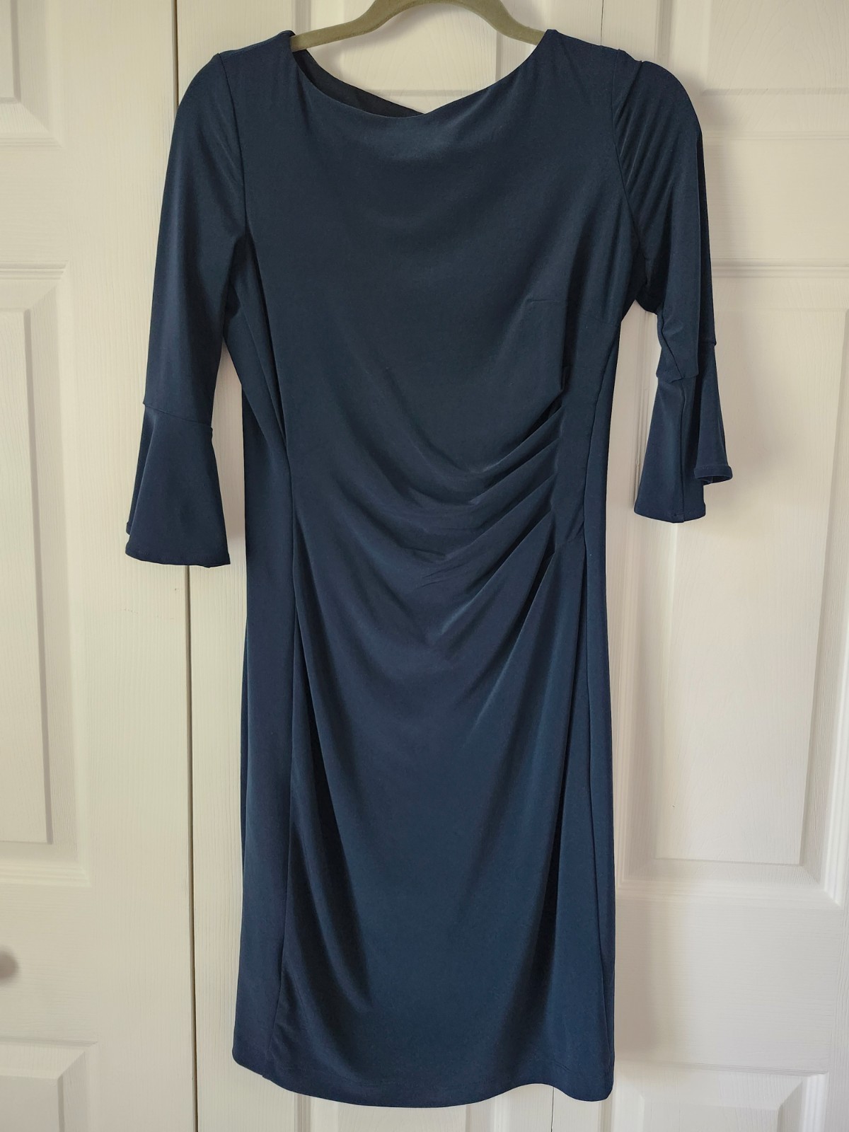 Anne Klein Size 4 Teal Dress With Ruching and 3/4 Bell Sleeves