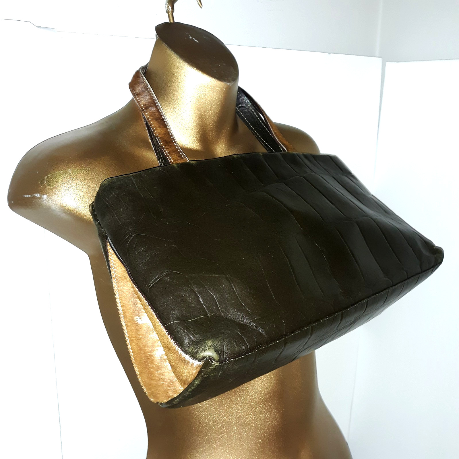Falor Le Borse Leather/Calf Hair Bag Tote Embossed Croc 2 Straps Italy 15×7.5×4