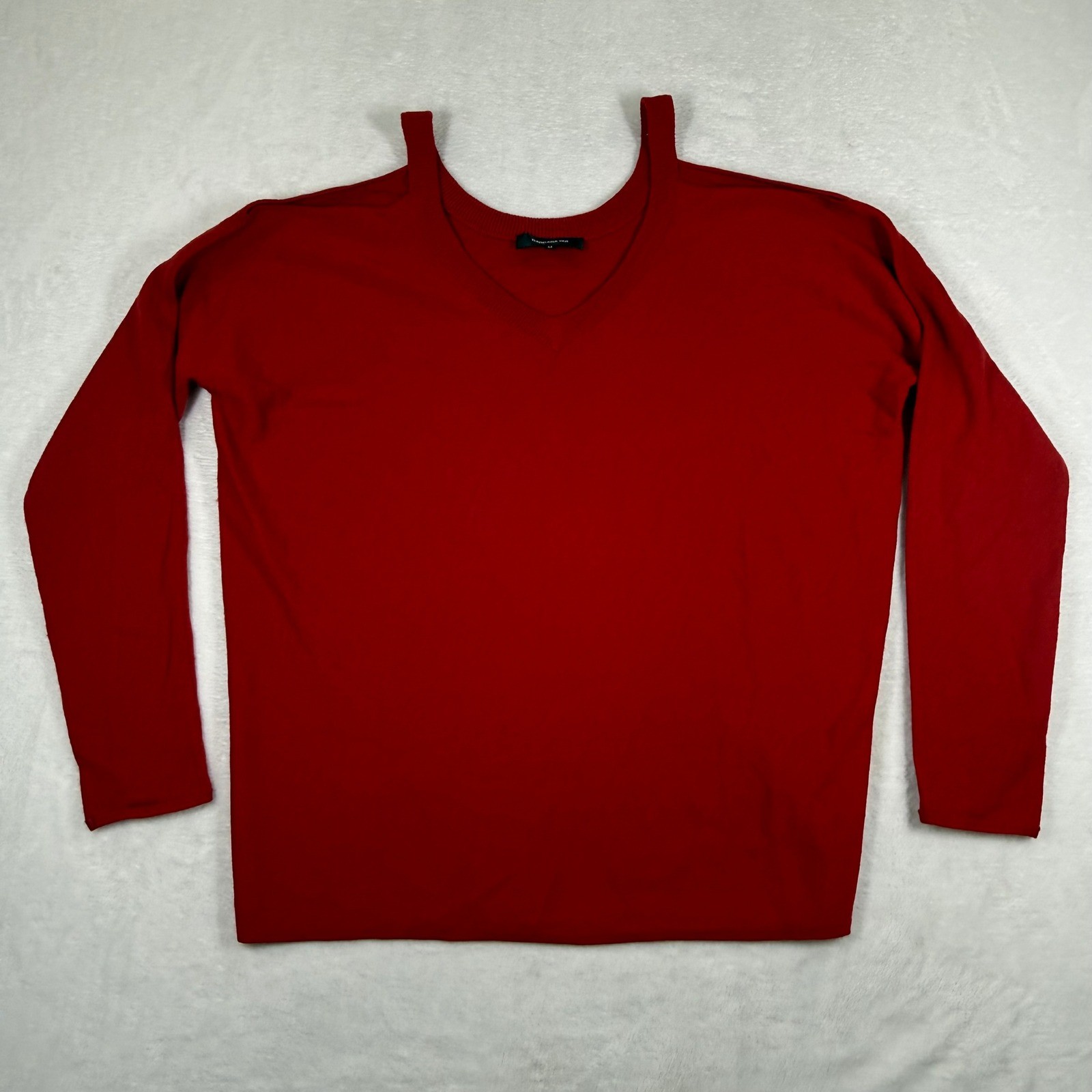 Barbara Bui Red 100% Wool Cold Shoulder V-Neck Knit Sweater Womens Medium