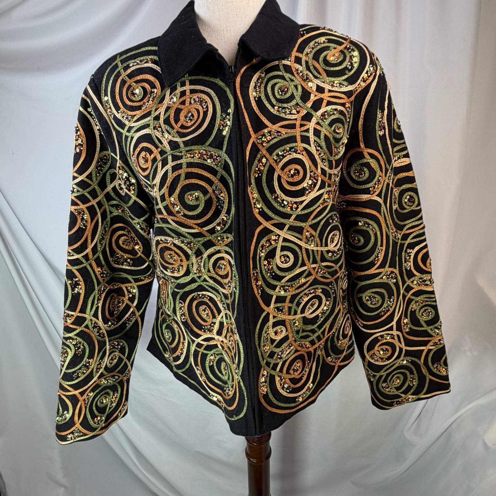 ANAGE Jacket Blazer Black Spiral Ribbons Gold Tones Beaded Artsy XL Unique