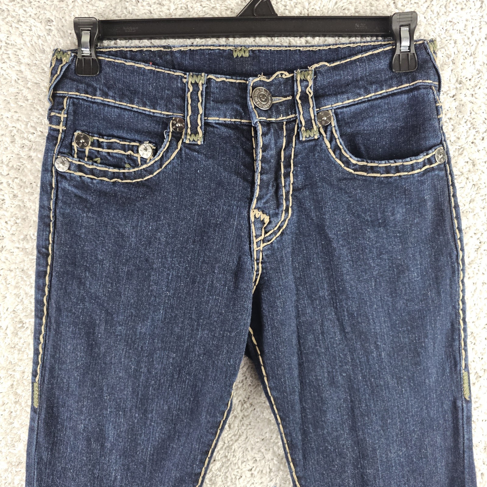 True Religion Geno Relaxed Slim Jeans Mens Size 29 31×32.5 Thick Yellow Stitch