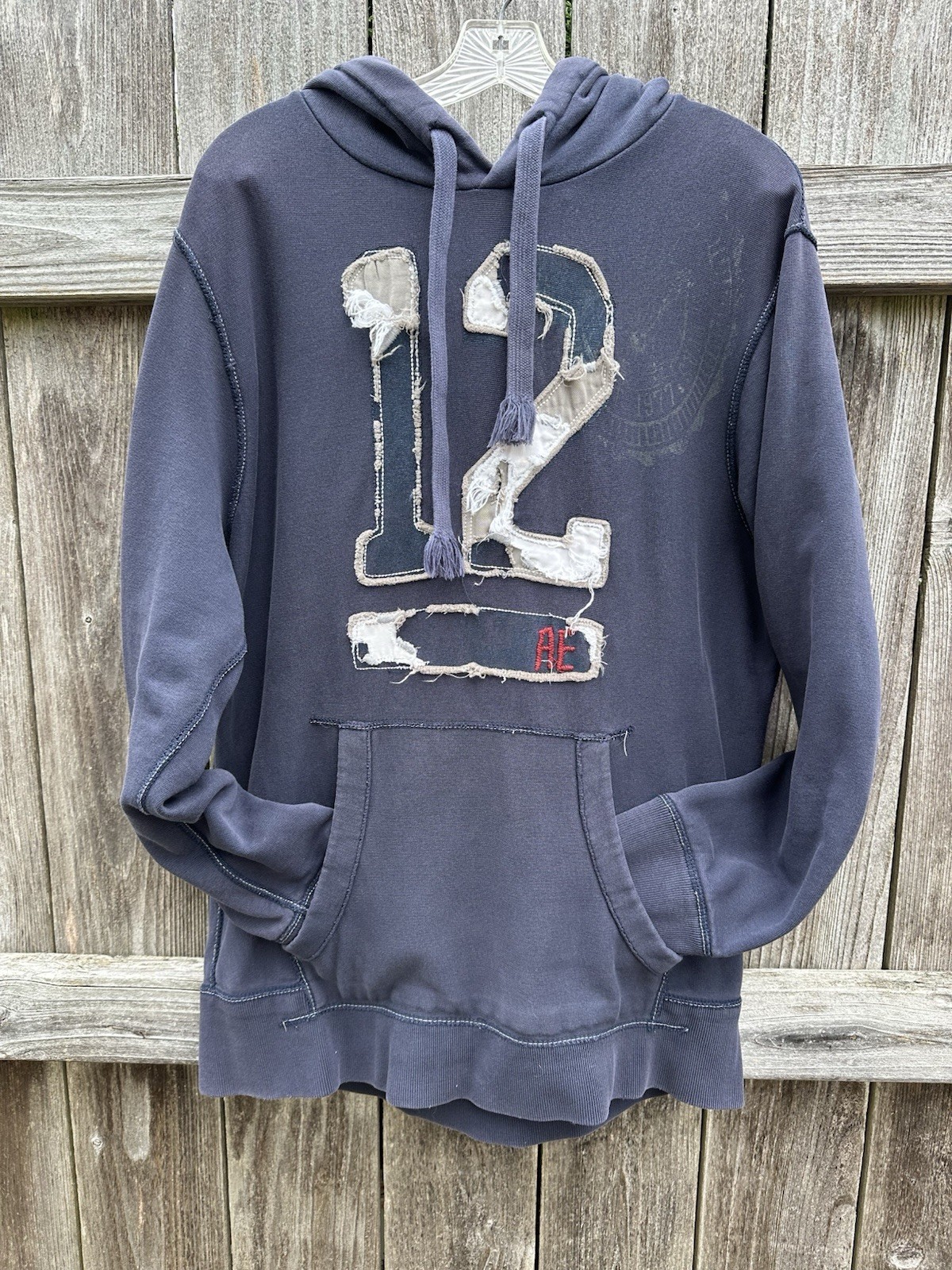 American Eagle y2k Sweatshirt Distressed Men Size L Thermal Lined Hood Lucky#12