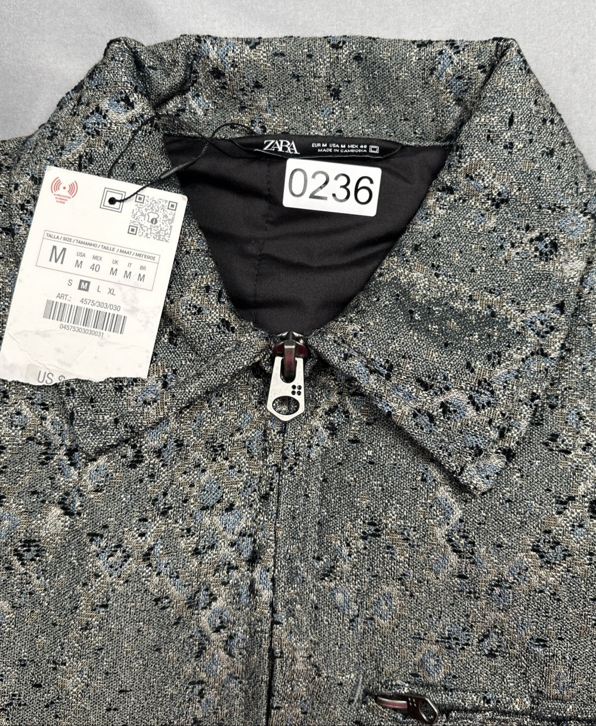 Zara Men’s Cropped Fit Jacquard Bomber Jacket Medium Black Grey Blue Coat NWT