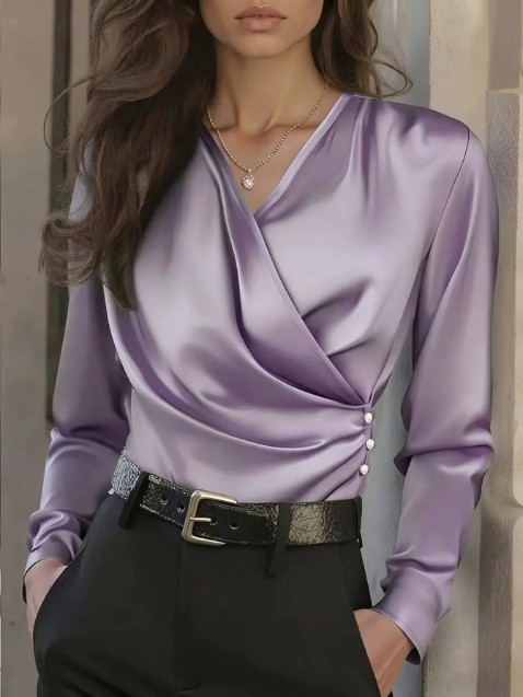 Womens V Neck Wrap Blouse Silky Satin Look Long Sleeve Office Work Shirt S-XXL