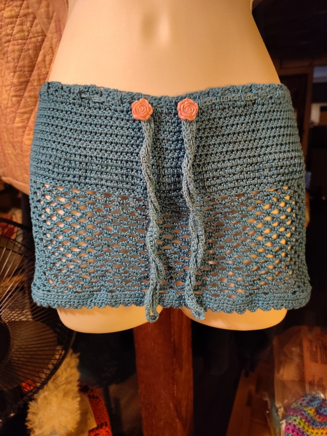 Cover Up – Rose Button Drawstring Hip Hugger Mini -100% Cotton- Reg. Medium