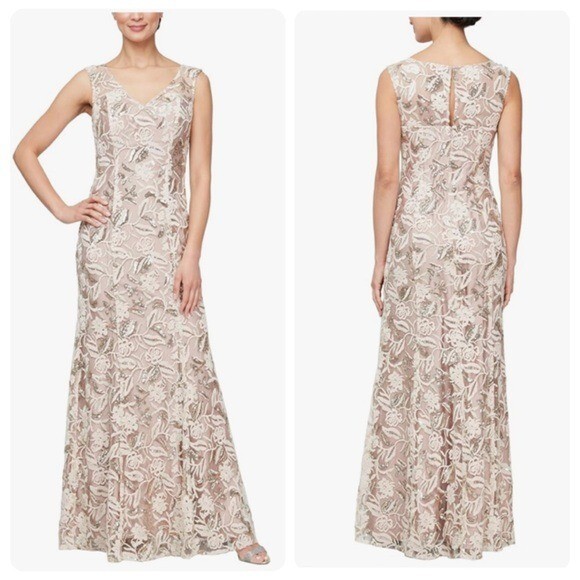 Alex Evenings Sleeveless V-Neck Elegant Mother of The Bride Gown Dress Gold 16