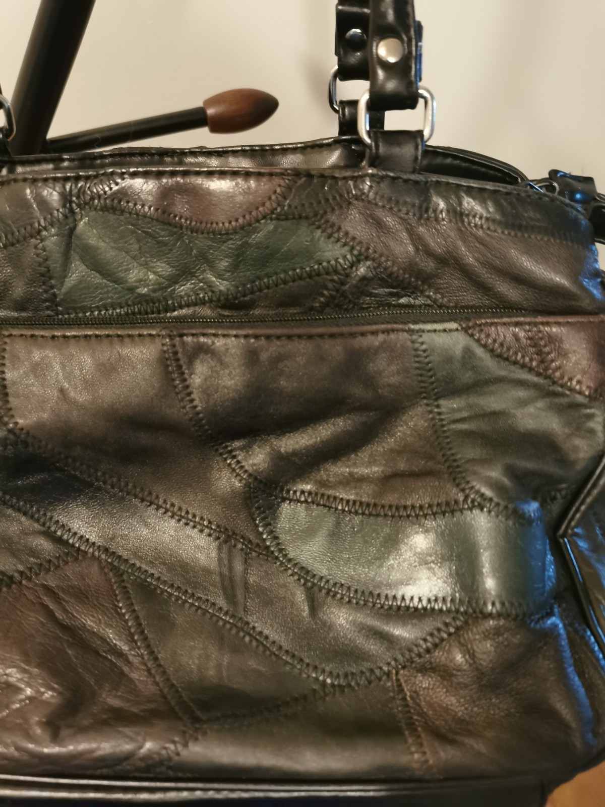Black and Brown Patchwork Satchel Genuine Leather bag Lined Inner Pockets Silver