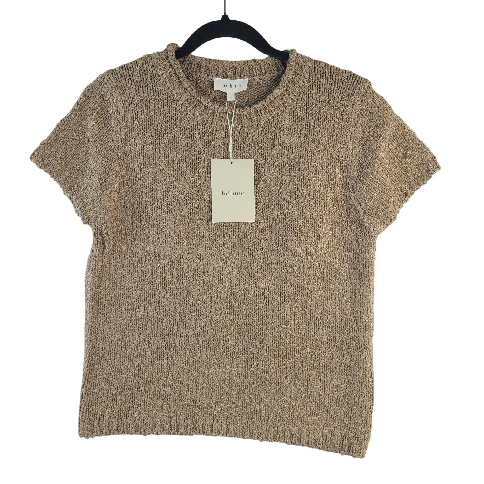 NEW Böhme Taupe Short-Sleeve Knit Sweater Size L Lightweight Casual Top