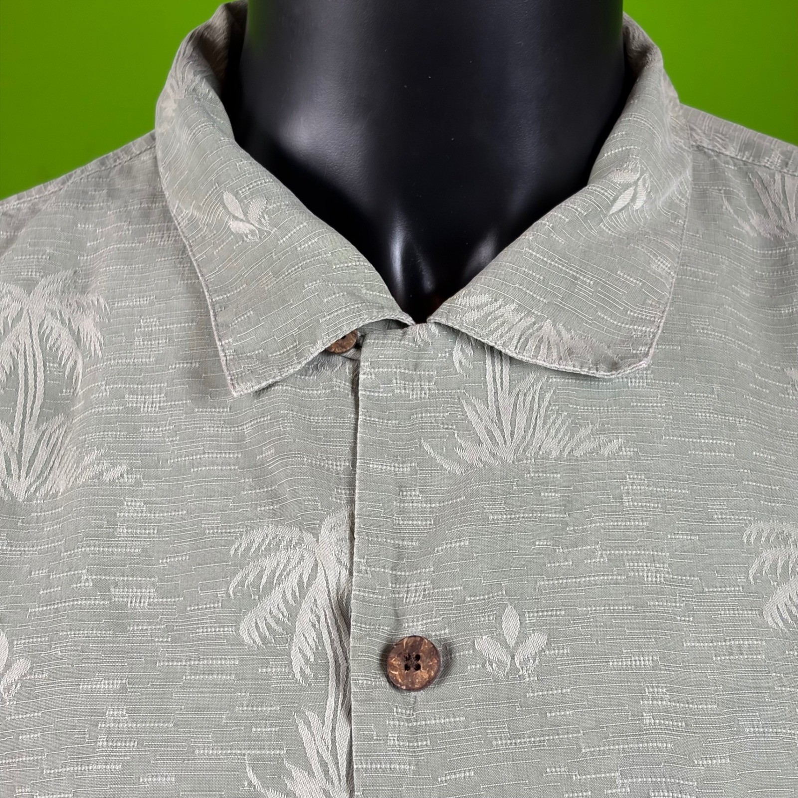 Tommy Bahama Mens XL Silk Hawaiian Shirt Gray Tonal Palm Jacquard Button Pocket