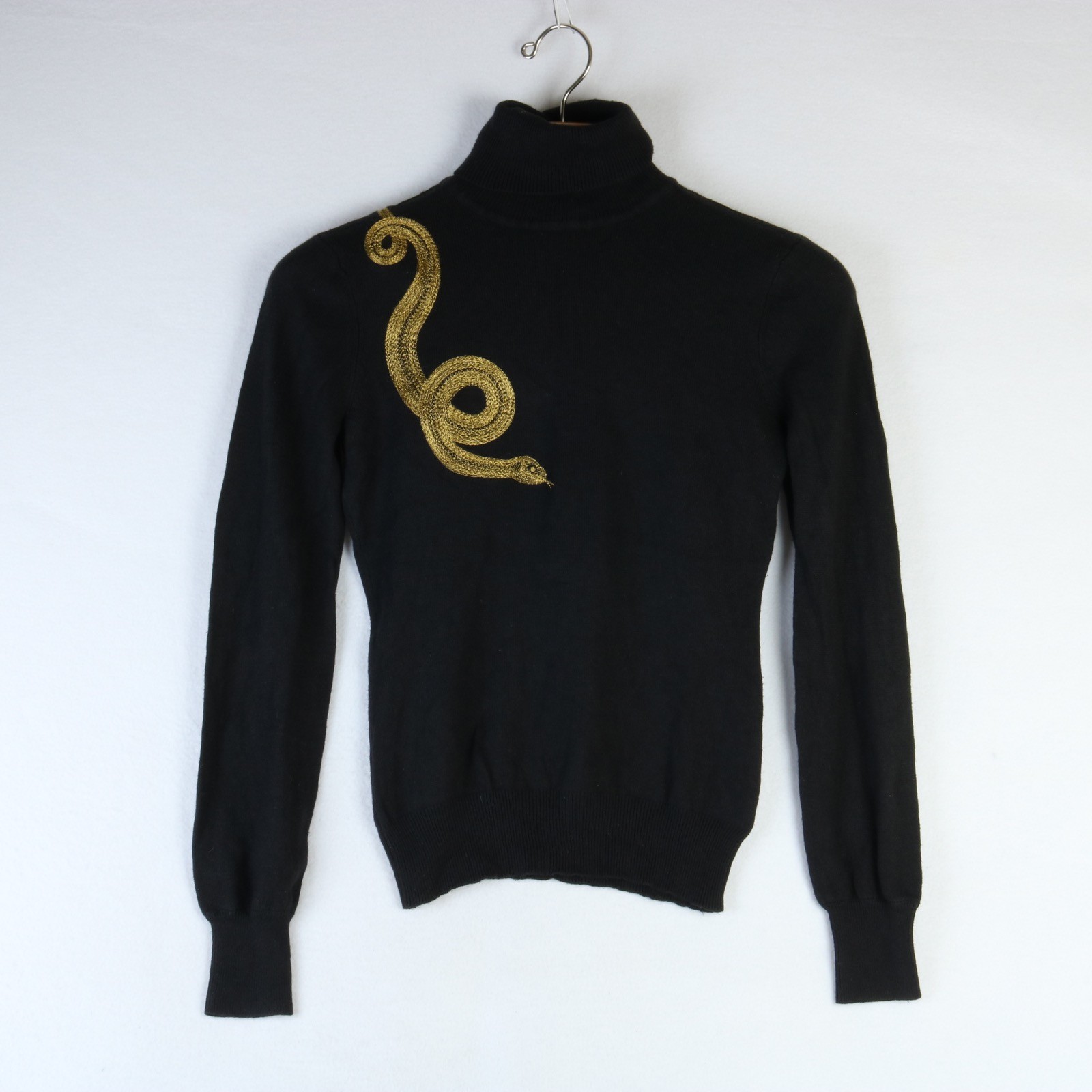 RALPH LAUREN BLACK SILK CASHMERE GOLD SERPENT SNAKE EMBROIDERED SWEATER S