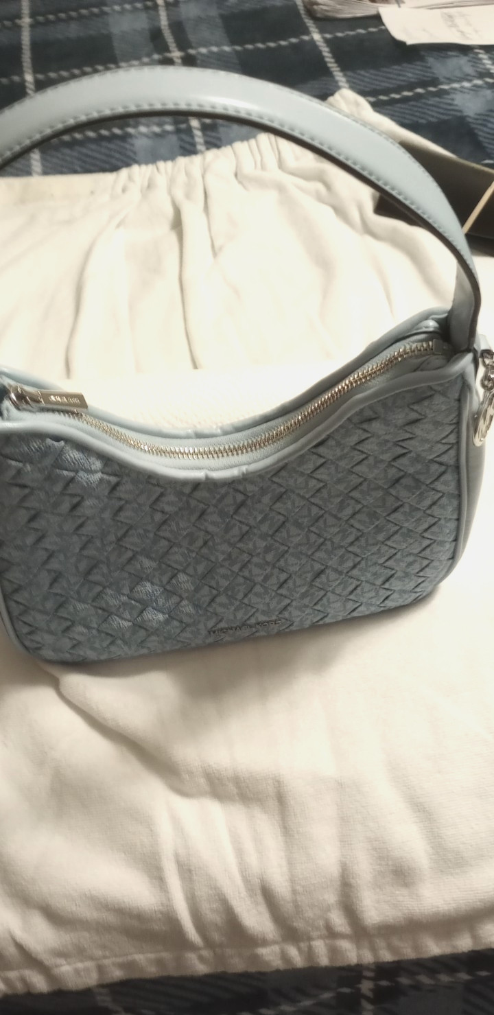 Michael Kors Nayla Small Woven Signature Logo Hobo Shoulder Bag Pale Ocean