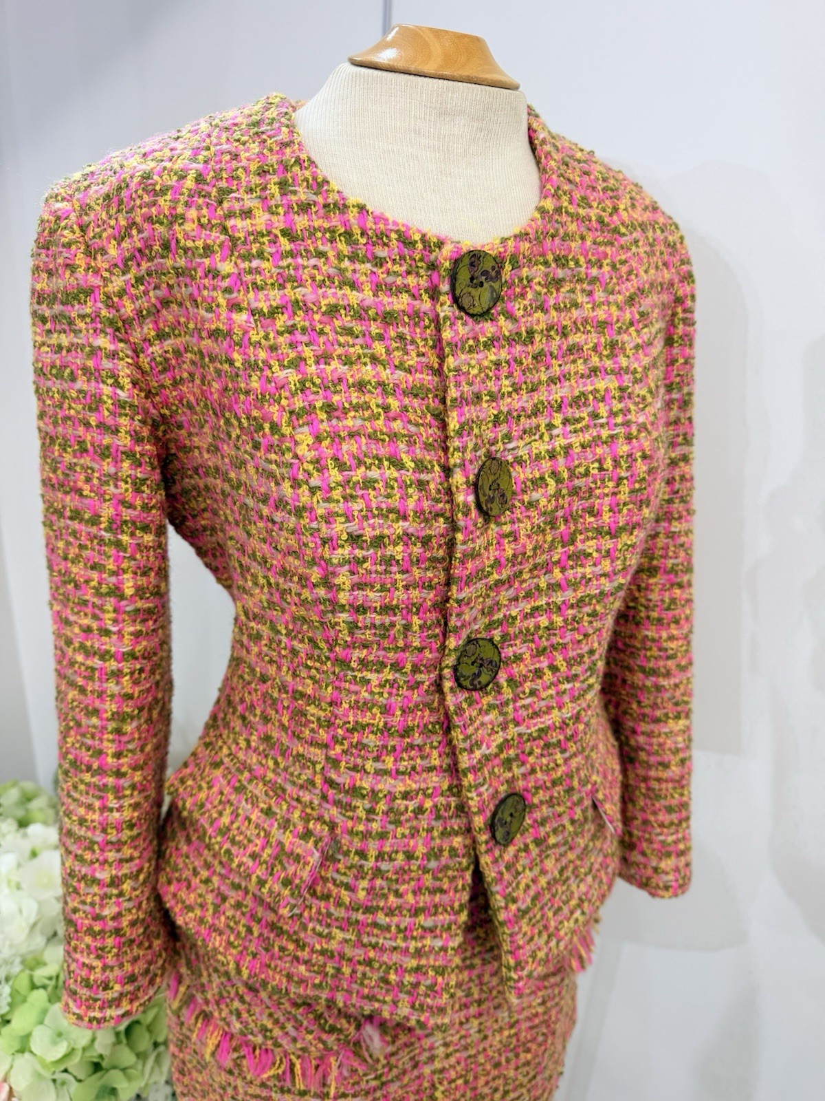 Pink Multi Tweed Fringe Blazer Jacket And Skirt M Floral Print Lining