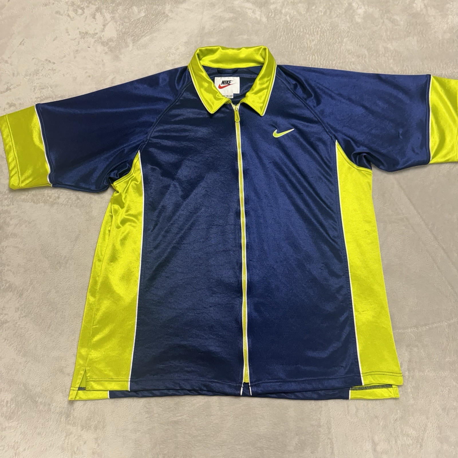 VTG Nike Silky Full Zip Up Basketball Warm Up Jersey Shirt Navy Lime Baggy XXL