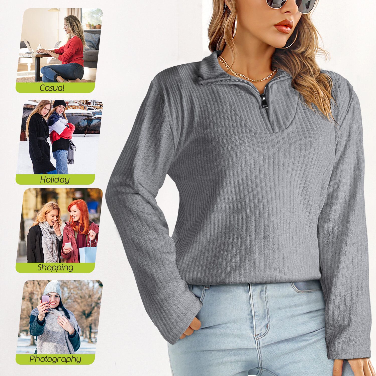 Women’s Casual Long Sleeve Half Zip Pullover Sweaters Solid V Neck Collar Top