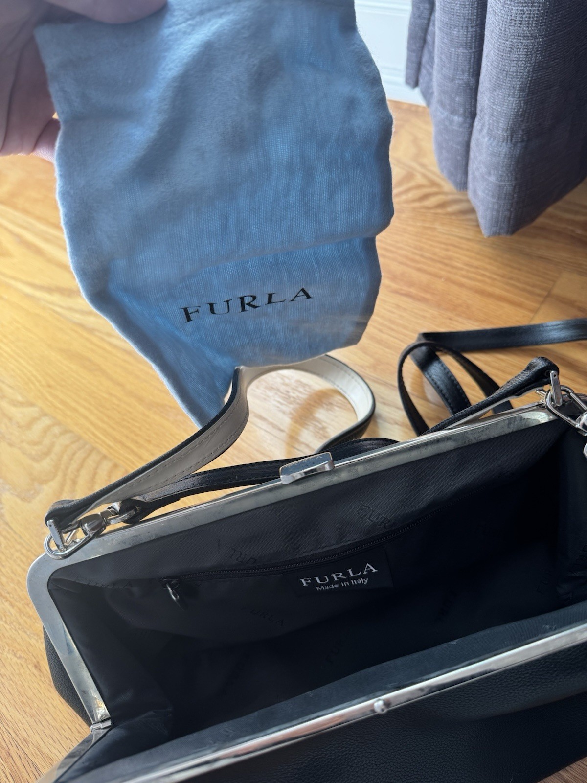 Furla Black/White Small Shoulder Bag Lock Frame Silver Hardware Strap Dust Bag