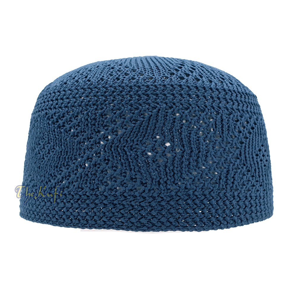 Blue Nylon Kufi Skull Cap – Soft Breathable Hat with Open-Weave Diamond Pattern