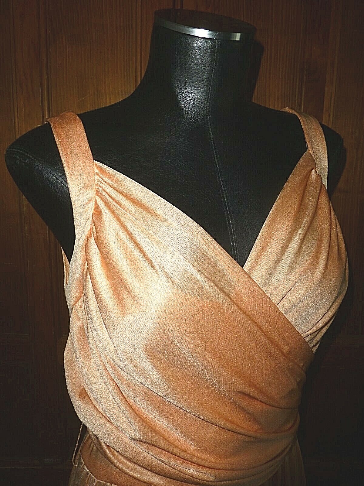 Vtg 70s Peach Silky Jersey Knit Grecian Boho Cocktail Evening Wedding maxi Dress