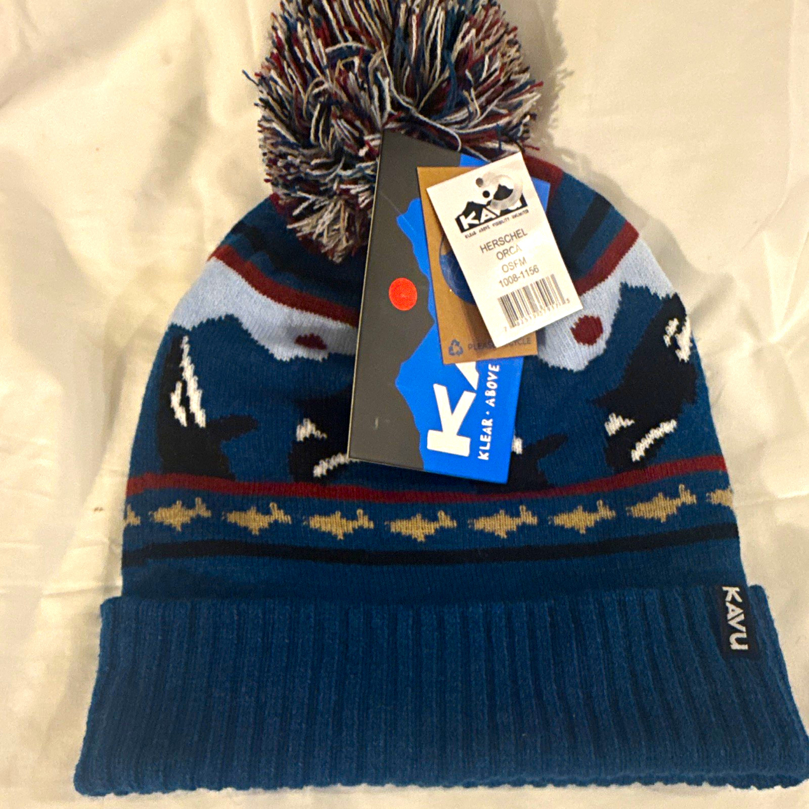 KAVU Orca Fair Isle Pom-Pom Beanie Hat Blue Black White Red One Size Men’s