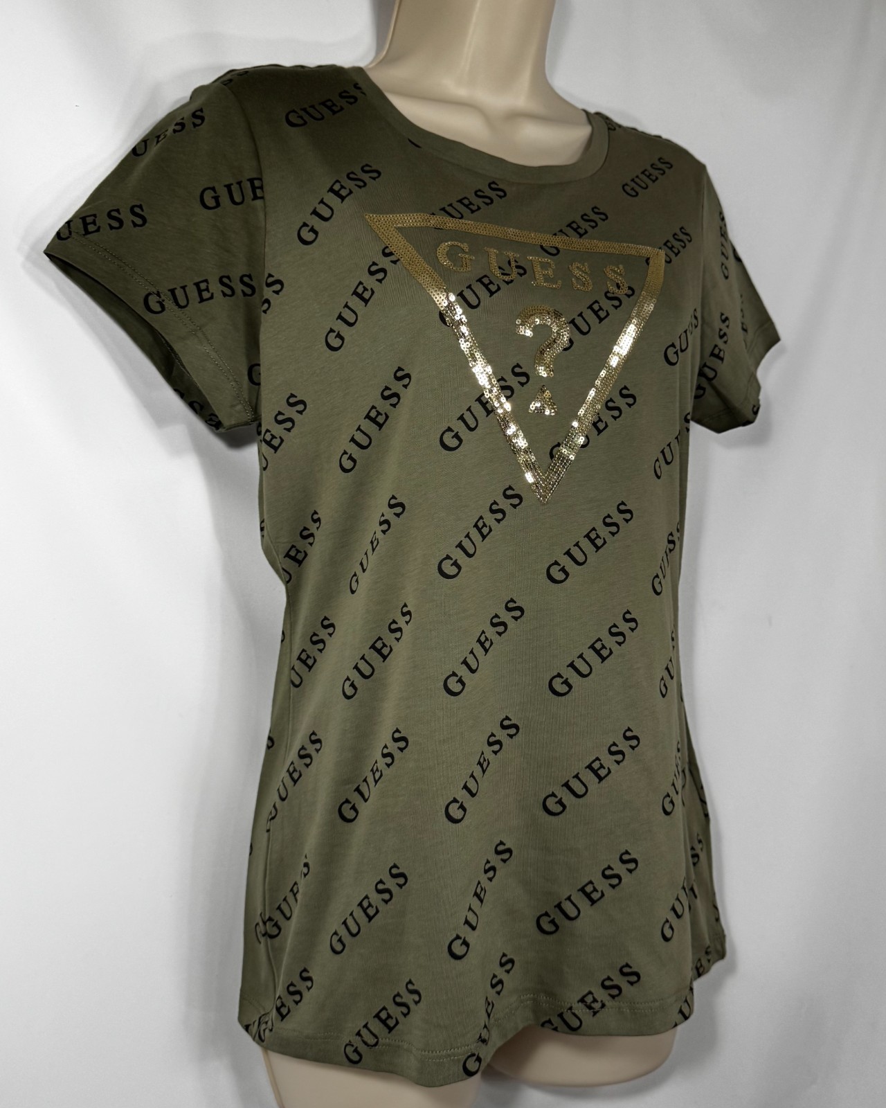 Guess Women’s Dolores All Over Print Logo Crew Tee Size Large Sand Dollar