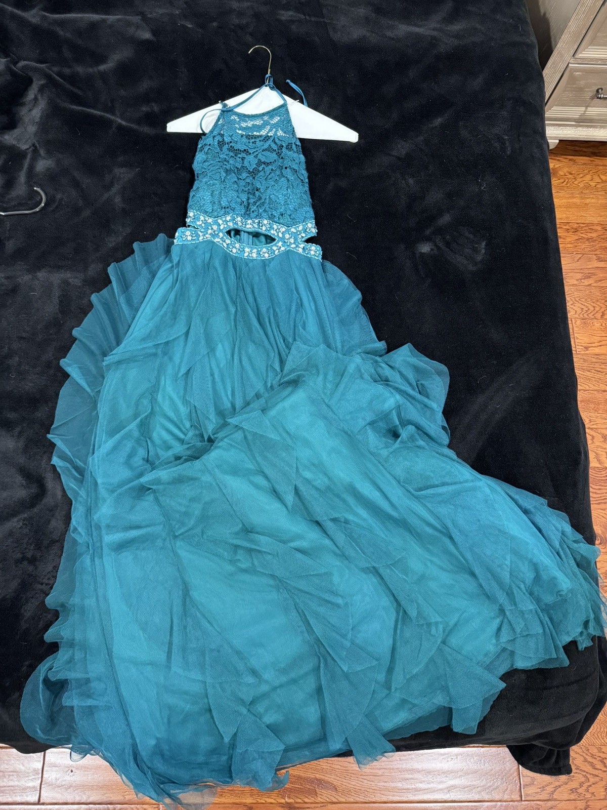 Teeze Me Teal Halter Lace & Tulle Formal Gown with Beaded Waist | Size 7-8