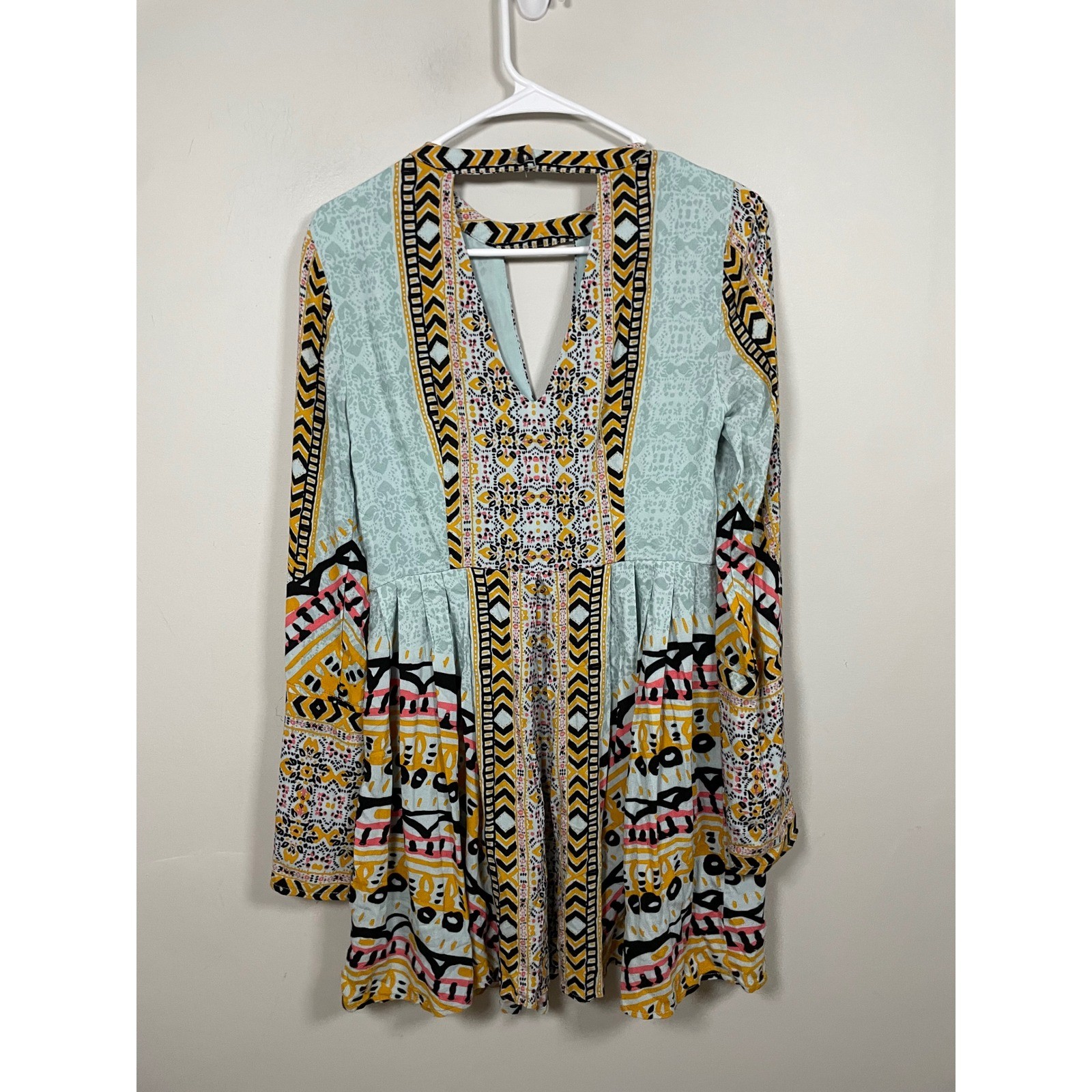 Free People Tegan Border Print Long Sleeve Mini Dress Size 2 Bohemian