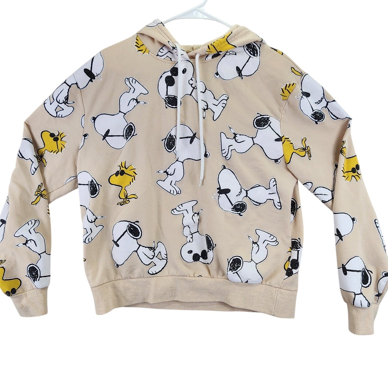 Peanuts Snoopy Woodstock All Over Print Beige Hoodie Sweatshirt Women’s XL