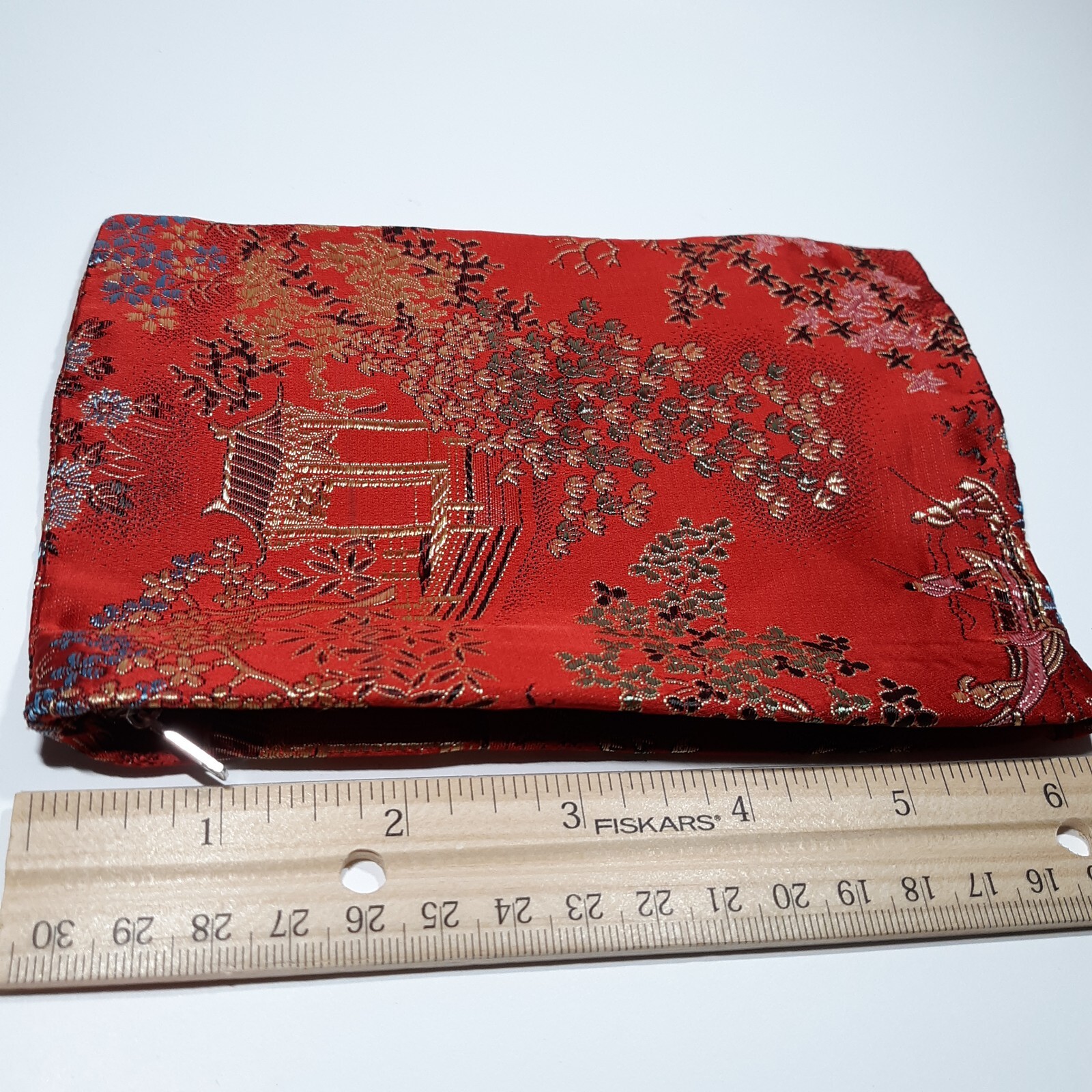 VINTAGE COSMETIC PURSE ACCESSORY SET RED SILK ORIENTAL PRINT + Lipstick Holder