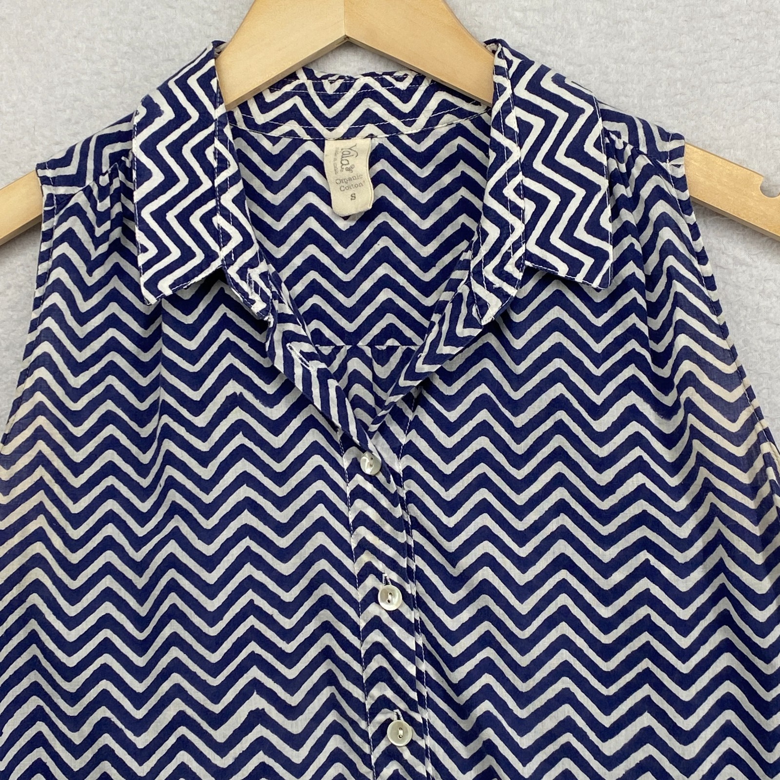 YALA Tunic Womens S Organic Cotton Chevron Sleeveless Shirt Button Up Blue India