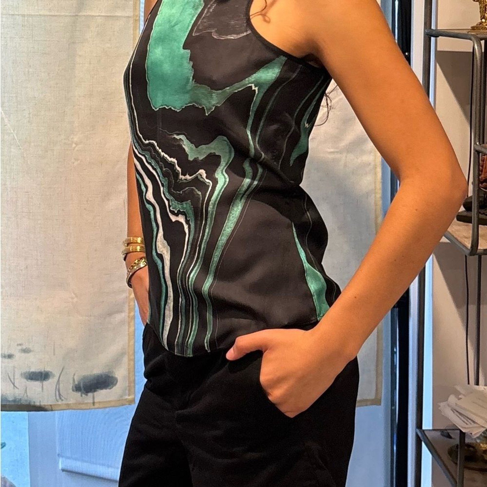 The Kooples Teal and Black Wave Pattern Tank Top Printed Marble