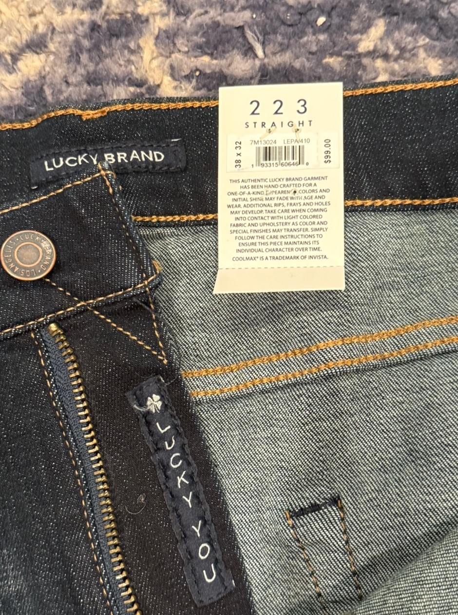 Lucky Brand 223 Straight Leg Dark Wash Jeans Mens 38×32 Coolmax Stretch Denim