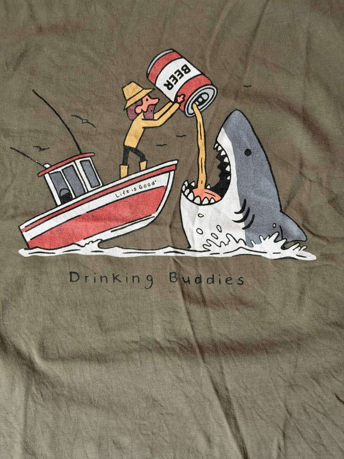 Life is Good Womens L Tee Shark Drinking Buddies Beer Green Funny Shirt 0063