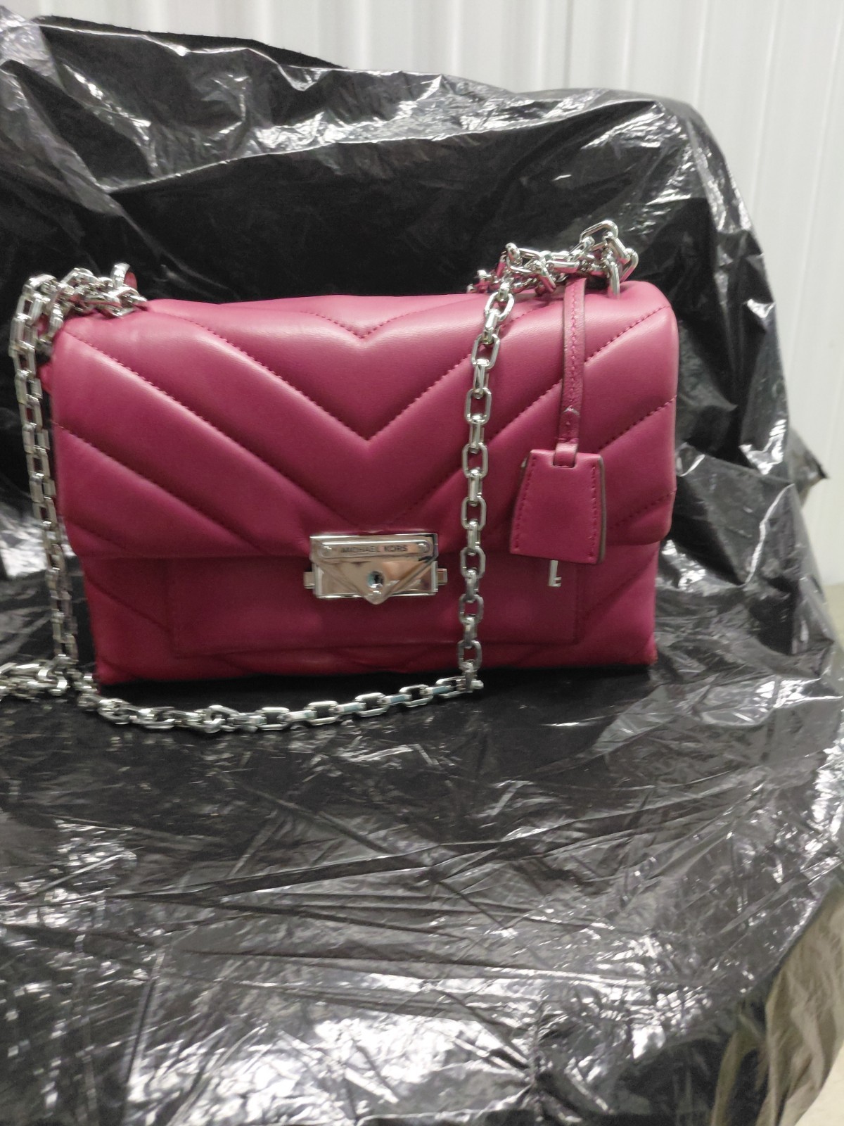 michael kors handbag used wine silver heavy chain link shoulder strap