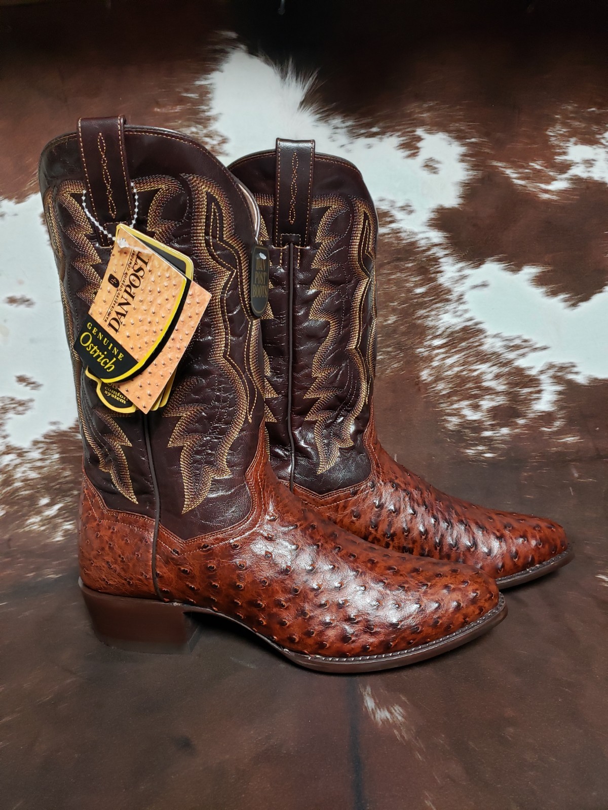 Dan Post Pershing Brass Full Quill Ostrich Western Boots Round Toe Mens Sz 12 D