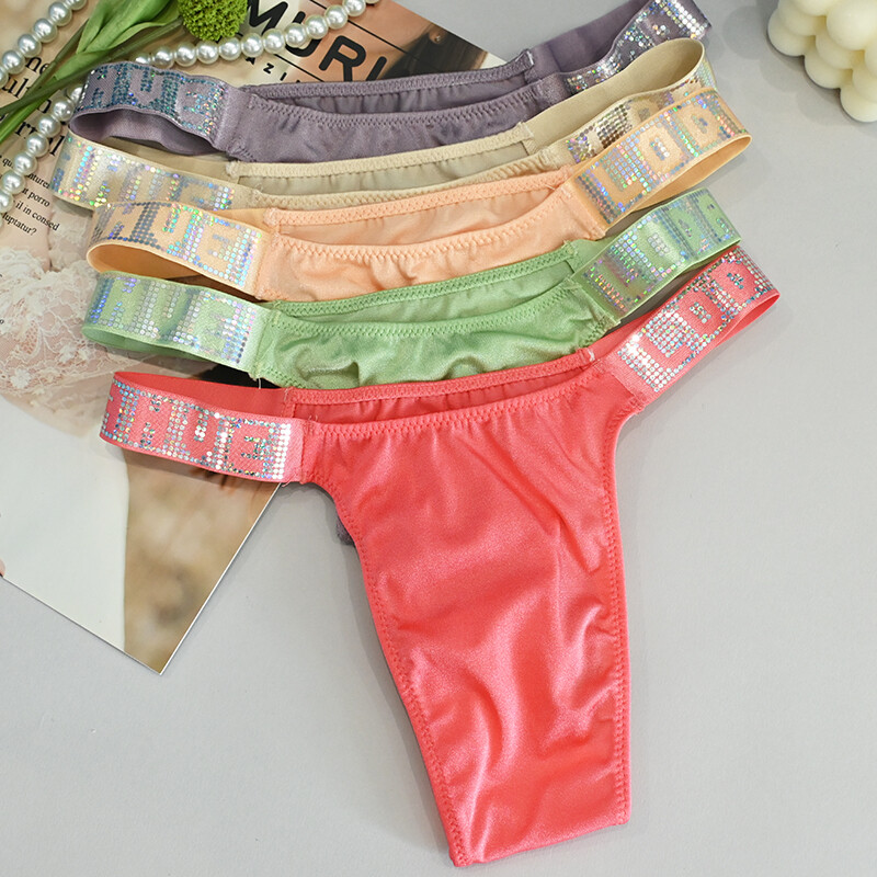 5 Packs Lot Sexy Womens Satin Panties Thong Brief Glitter Low Waist Underwear