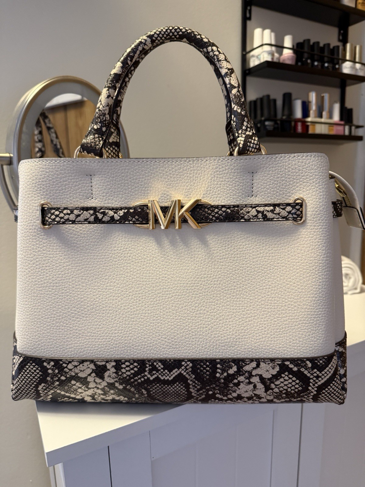 Michael Kors Cream Satchel Snake Print Trim Gold Hardware Zip Detachable Strap