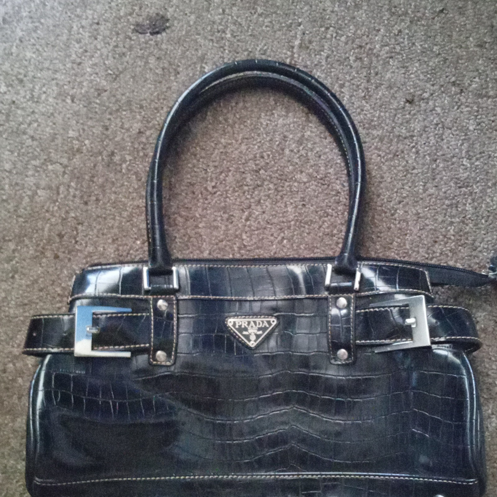PRADA Black Crocodile Embossed Top Handle Bag Zip Closure Silver Hardware