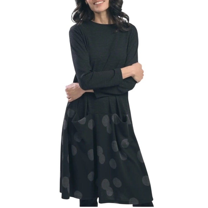 Alembika Fallon Shift Dress Size 1 Stripes Polka Dots Gray Black Lagenlook Style