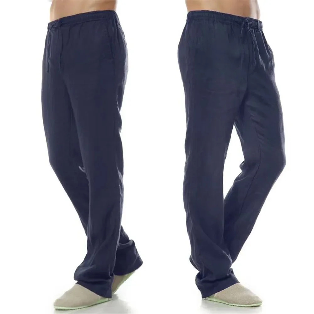 Men’s Cotton Linen Trousers Breathable Casual Elastic Waist Running Pants Gift