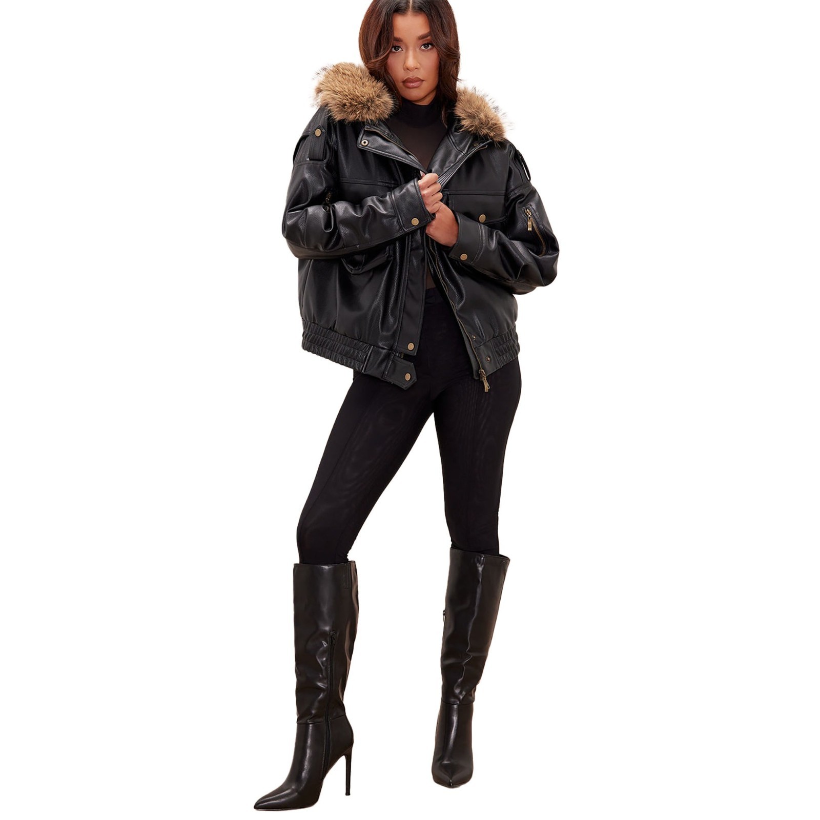 Women Real Leather Jacket Black Fur Hood Oversized Utility Bomber Coat