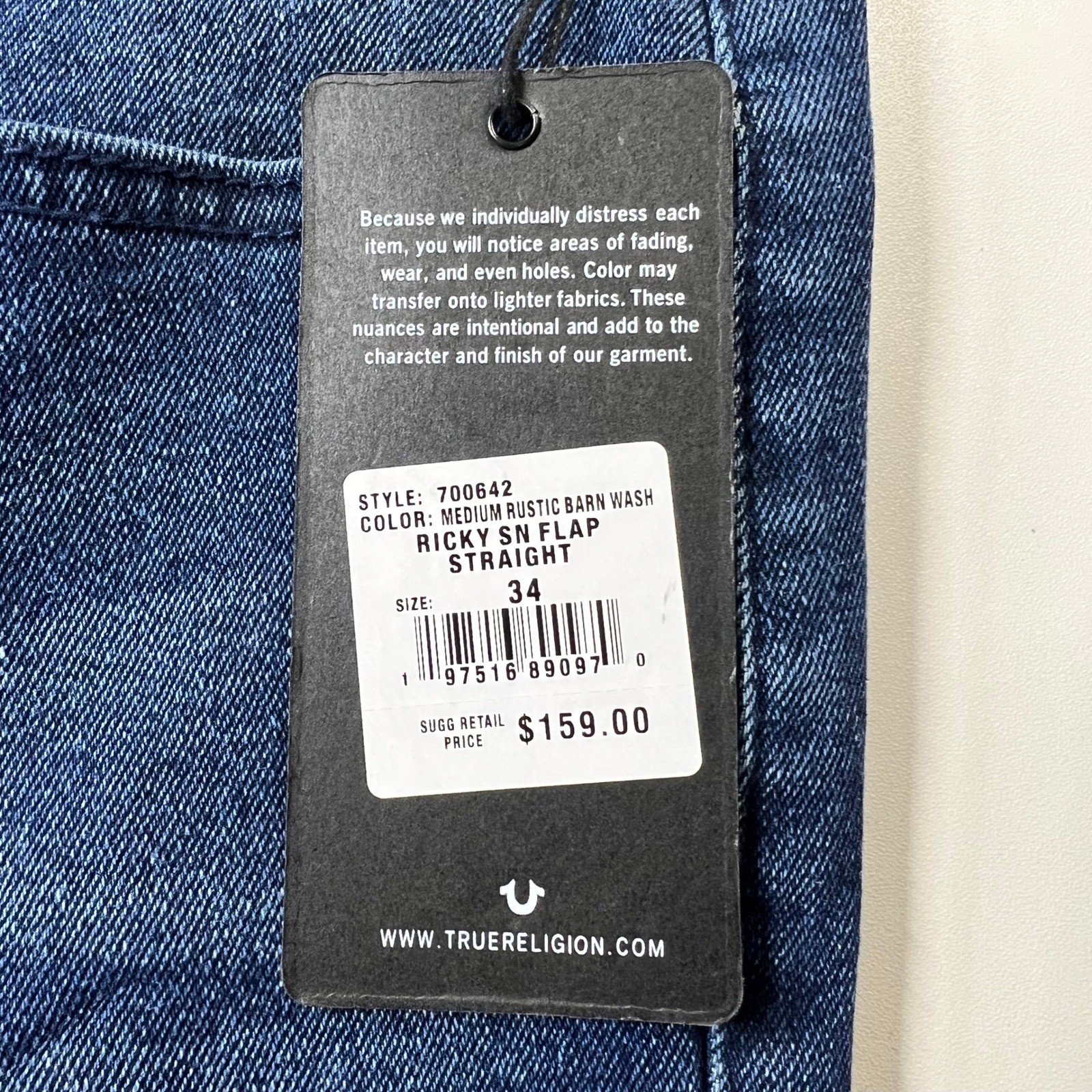 True Religion Ricky Relaxed Straight Mens Jeans Medium Rustic Barn Wash Size 34