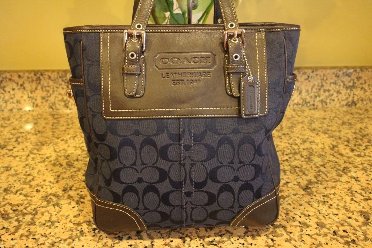 Coach monogrammed navy canvas and leather shoulder bag # F10659 (pu150