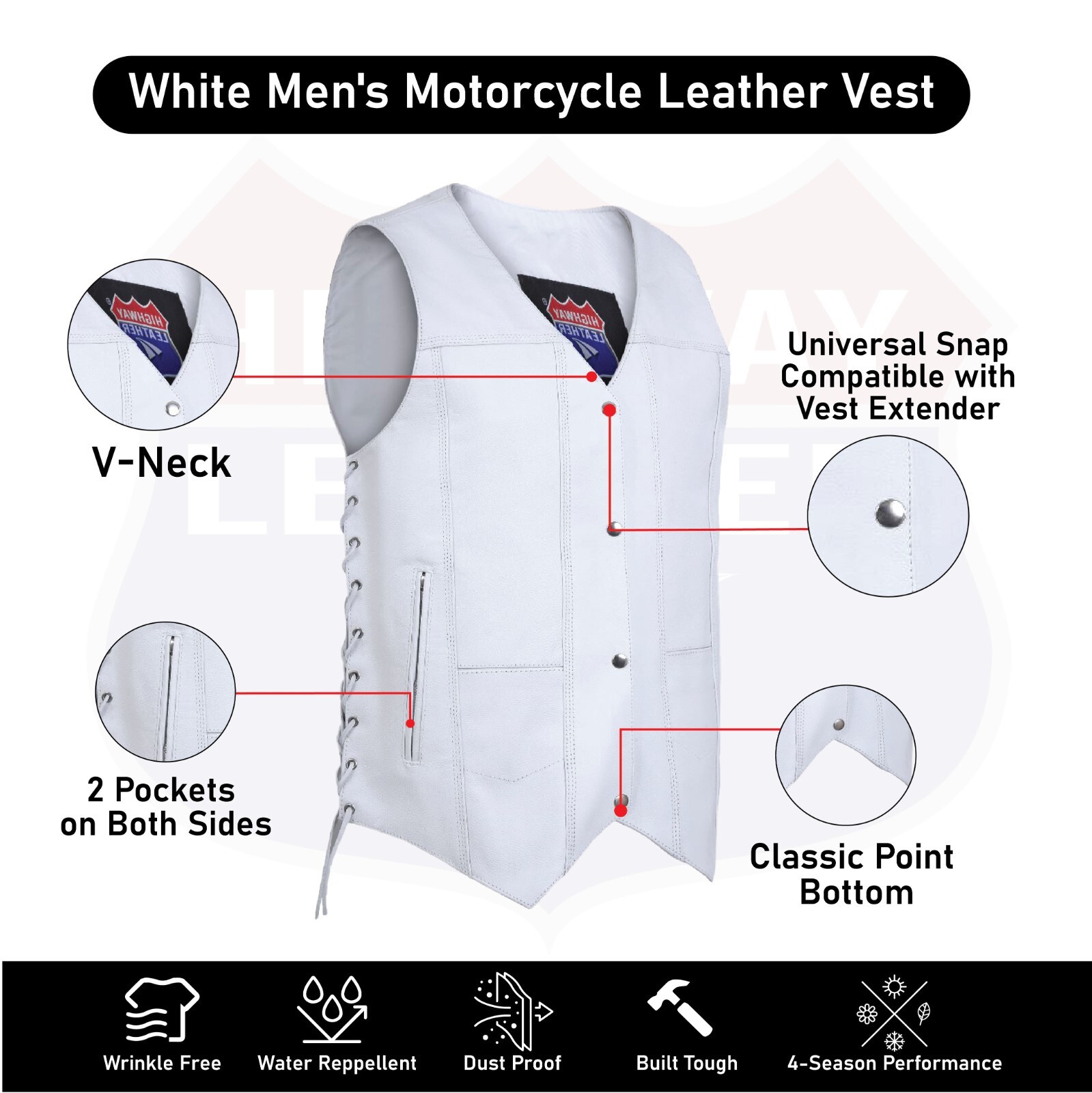Mens Genuine Leather 10 Pockets Motorcycle Biker Club Vest White SOA 3540White