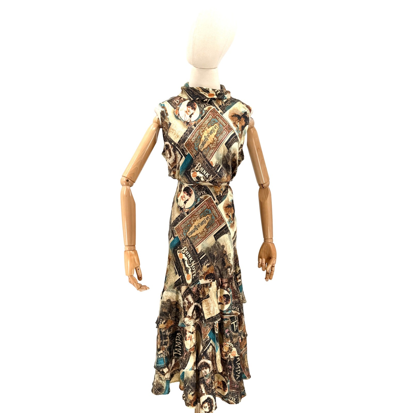 Vintage Y2K Double D Ranch Brown 100% Silk Ephemera Print Blouse Skirt Set