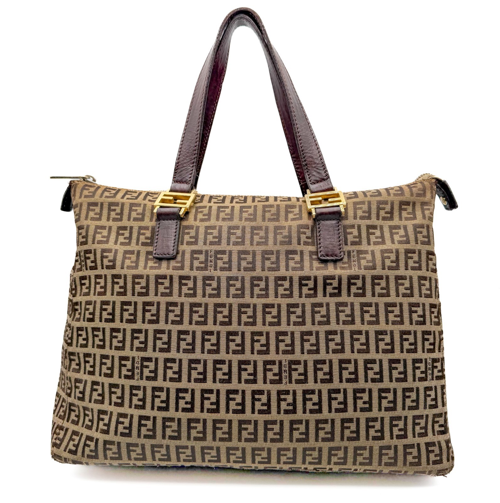 FENDI Canvas Leather Shoulder Bag Zucchino FF Logo Brown Gold Vintage Authentic